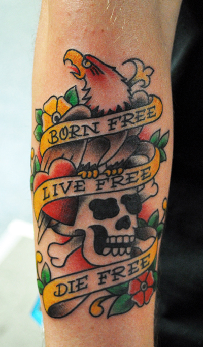 tattoo of an eagle with the text: Born Free, Live Free, Die Free