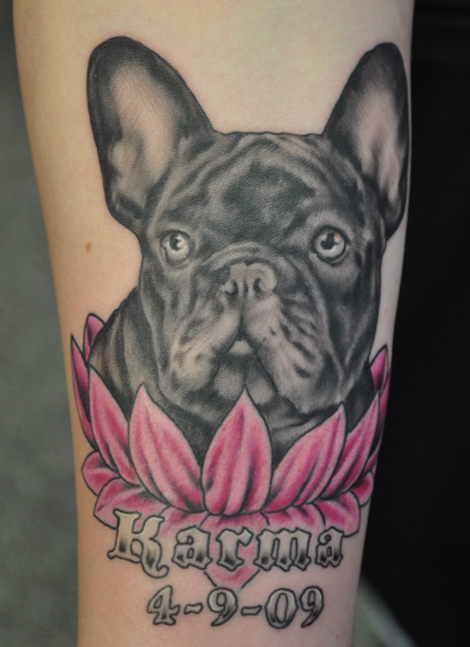 tattoo of a french bulldog named Karma in a lotus flower 