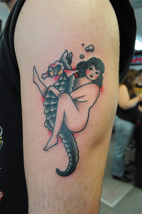Woman Riding a Sea Horse by Steve Fawley | Living Arts Tattoo, New Hope, Pa.