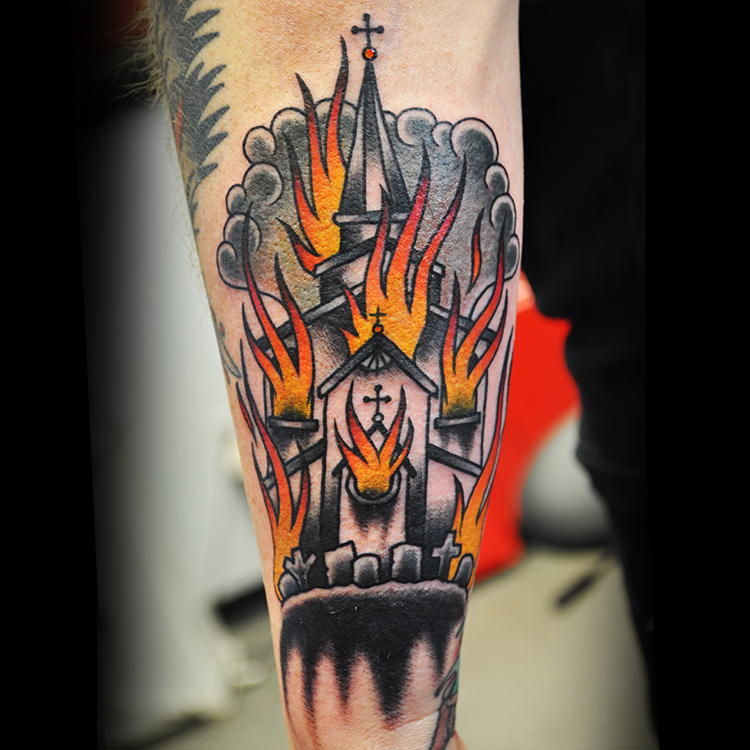 Tattoo of a burning church by steve fawley