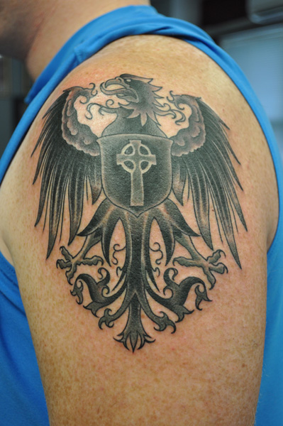 Black Eagle with Shield and Celtic Cross Tattoo By Josh Hoffman | Living  Arts Tattoo, New Hope, Pa.