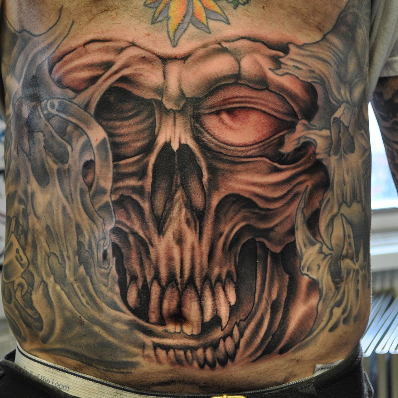Big Skull on a Belly by Brian Ulrich  Living Arts Tattoo New Hope Pa